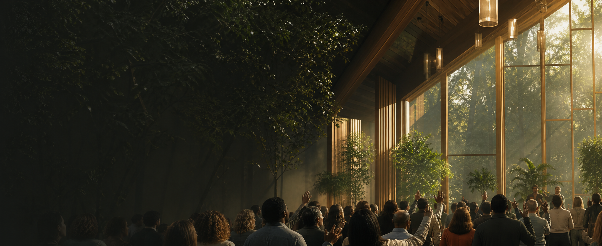 A community gathered in a light-filled greenhouse setting